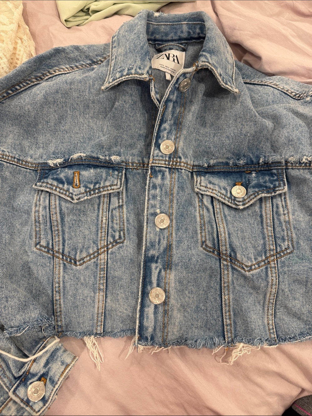 Zara Distressed Cropped Denim Jacket - Light Blue